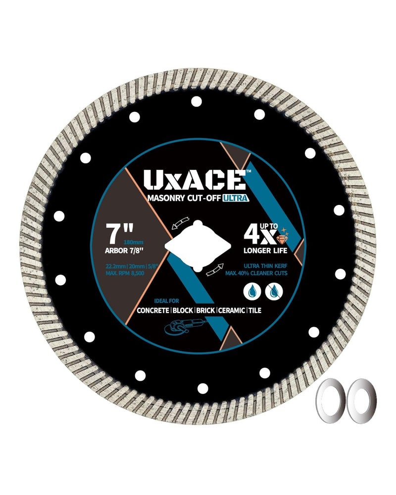 UXACE 7 Inch Diamond Blade, 7/8 Inch Arbor, 7'' Super Thin Diamond Tile Blade for Angle Grinder & Tile Saw, General Purpose Diamond Cutting Wheel for Ceramic, Tile, Marble, Granite, Brick, Porcelain - Image 1